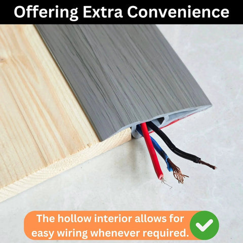 40-inch gray oak ash 1/2" to 3/5" height threshold ramp showing hollow interior for wiring, transitioning floor materials.