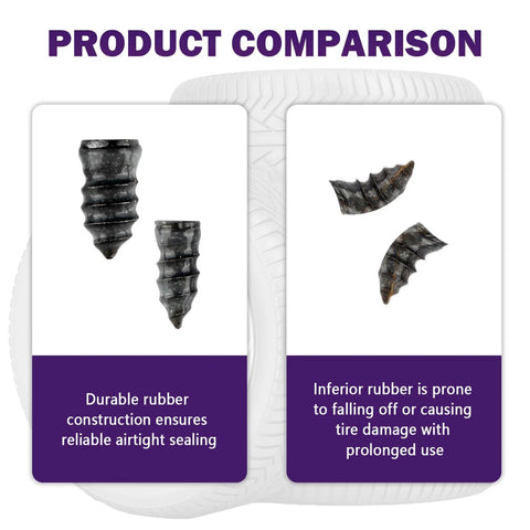 Product comparison of 100PCS Car Tire Plug Kit with Practical Tire Screw Plug Repair Kit; durable vs inferior rubber plugs