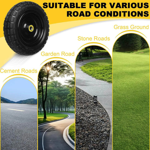 13 inch solid rubber tires, 4.00-6 flat free with 5/8" bearings shown for various road conditions including garden, stone, and grass roads