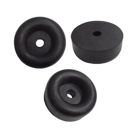4 Pack Rubber Isolation Feet Pads With Heavy Duty Rugged Round Bump Stops For Vibration Damping Two And A Half Inch Outer Diameter And One Inch Thick Rubber Bumpers For Truck Cargo Hatch Floor Protection And Noise Reduction, showing three black circular rubber pads