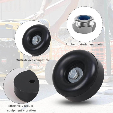 Heavy Duty Rubber Anti Vibration Feet Pads provide quiet, stable operation for generators, pressure washers, and air compressors; visible are black rubber pads with metal nuts.