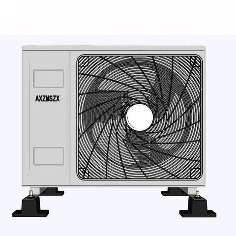 Front view of outdoor HVAC unit on rubber vibration isolation mounts for small mini split air conditioner condensers and outdoor HVAC units providing anti vibration noise reduction and shock absorption with a universal base and damping bracket set.
