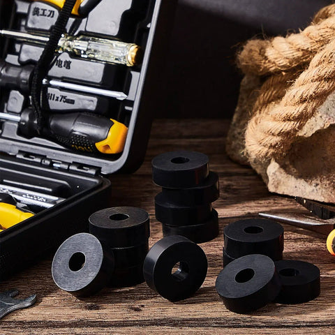 Eight piece set of thick rubber vibration isolation pads displayed with tools, showing solid damping feature for washers and appliances.