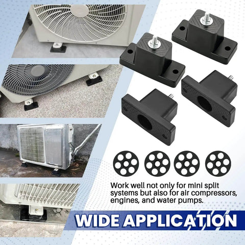 4 Pack Rubber Vibration Isolator Mounting Brackets With Honeycomb Gasket Pads For Outdoor Mini Split Condenser Units, shown installed and separately