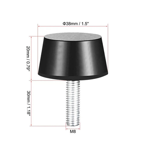 Conical rubber vibration isolators deliver durable shock absorption and stabilize machinery against lateral forces, reducing vibration and noise; includes M8 x 30mm studs, set of four, sized 1.5 x 0.79 inches for versatile mounting.