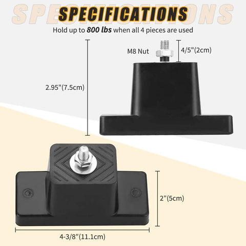Specifications of Four Pack Rubber Vibration Isolator Mounting Brackets for Outdoor Air Conditioners and Mini Split Condenser Units.