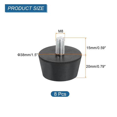 Eight rubber vibration isolators with 1.5 x 0.79 inch conical mounts and M8 x 15mm threads reduce machine vibration.
