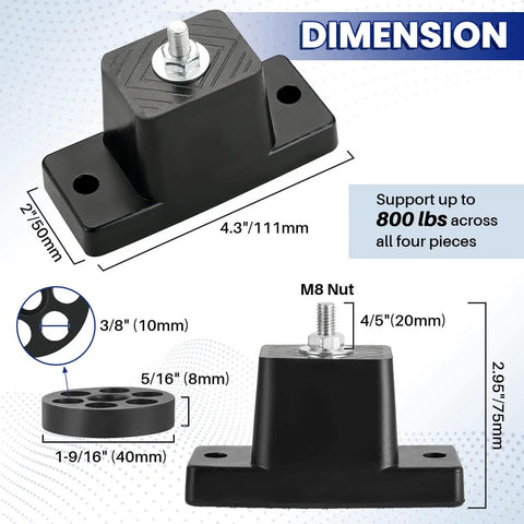 Product dimensions and details of 4 Pack Rubber Vibration Isolator Mounting Brackets With Honeycomb Gasket Pads For Outdoor Mini Split Condenser Units Anti Vibration Mounts To Reduce Noise And Vibration And Provide Stable Support For Outdoor AC Installations, showing size in mm and features including 800 lbs support capacity.