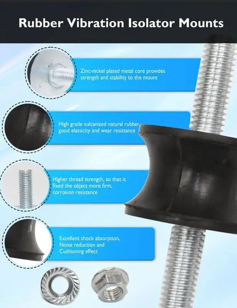 Efficient M8 vibration isolation mounts with rubber waisted design, zinc-nickel plated core and hex lock nuts for secure installation.