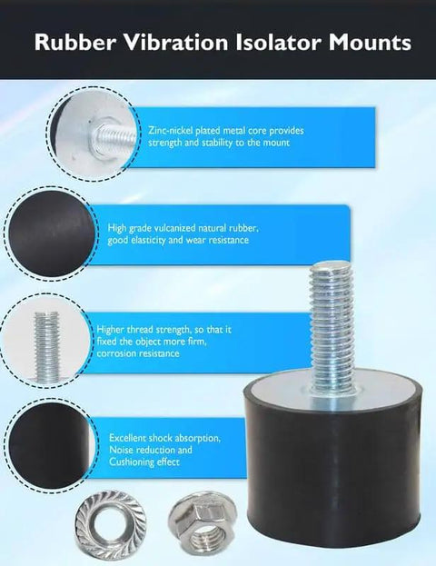 Illustration of 4 Pack M6 Rubber Vibration Isolators With Lock Nuts For Motors, Pumps, Compressors And Bobbins, with features