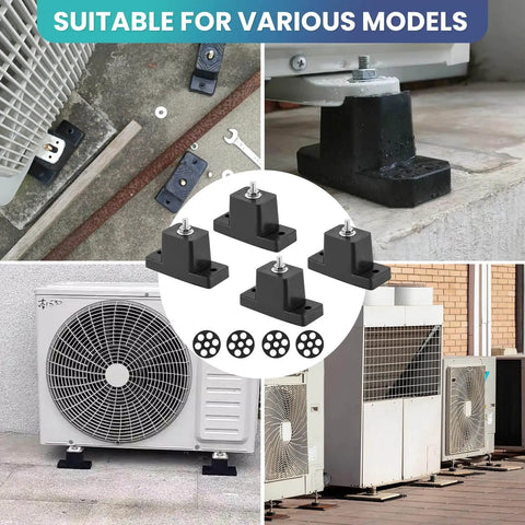 Rugged rubber vibration isolator brackets dampen noise and absorb vibrations for outdoor mini split condensers, installed view.