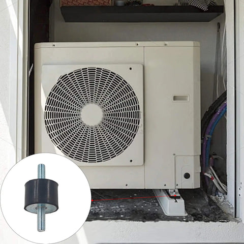 Outdoor air compressor with close-up inset of 4 Pack Rubber Vibration Isolator Mounts 40x30mm With M10x25mm Studs Anti Vibration Mounts