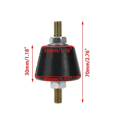 Side view of a rubber anti-vibration mount with 70mm height, featuring M8 studs and nuts, crafted from high-hardness rubber and zinc-coated steel.