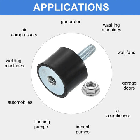 M5 Rubber Mounts 8Pcs 20x15mm Anti Vibration Isolators with Lock Nuts for cars, generators, and air compressors, shown with applications.