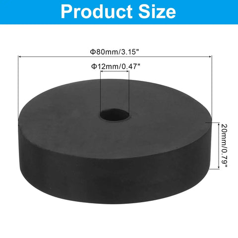 Four rugged rubber vibration isolation pad with 3 inch outer diameter, 0.47 inch bore, 0.79 inch thickness, close-up view.