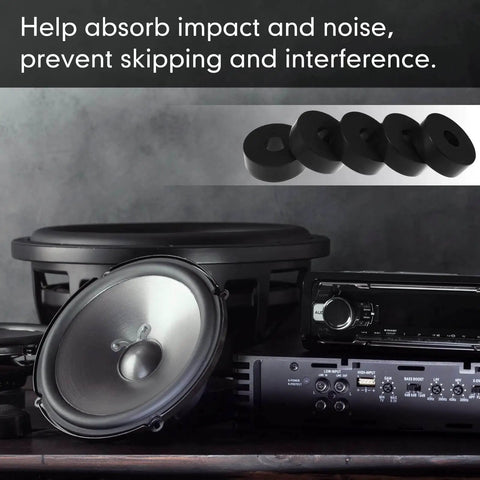 Eight piece set of thick rubber vibration isolation pads delivers solid damping for washers and appliances shown with audio equipment.