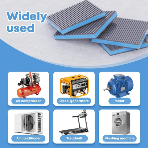 Rubber Anti Vibration Isolation Pads For Machinery And Air Compressors 2 Inch By 2 Inch By Seven Eighths Inch Vibration Damping Feet Noise Reduction And Shock Absorption Outdoor Ready 4 Pack displayed with various machinery including air compressor, diesel generators, motor, air conditioner, treadmill, washing machine.