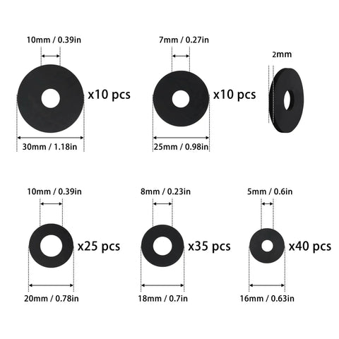 Illustration of 120Pcs Flat Rubber Washers Set 5 Sizes 16 18 20 25 30mm Black Sealing Washers with quantities and dimensions.