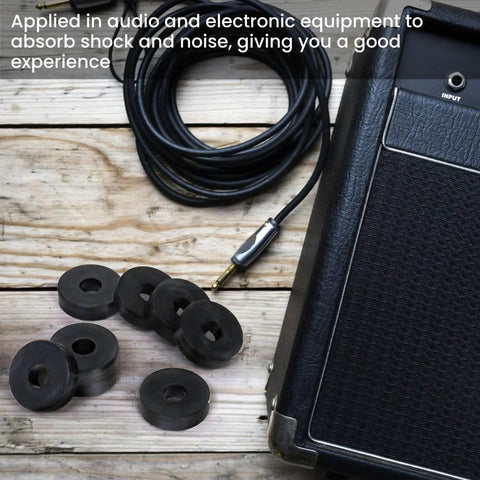 Durable rubber washers set delivers reliable vibration damping and quiet operation for machines, shown beside audio gear.