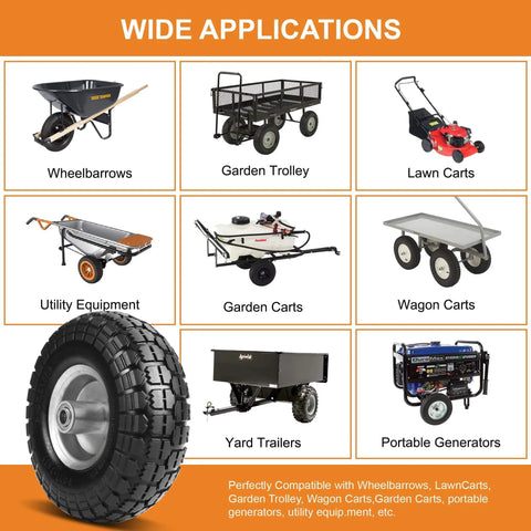 Illustration of 10 Inch 4.10/3.50-4 Flat Free Solid Rubber Wheels 4 Pack and compatible equipment like wheelbarrows and garden carts.