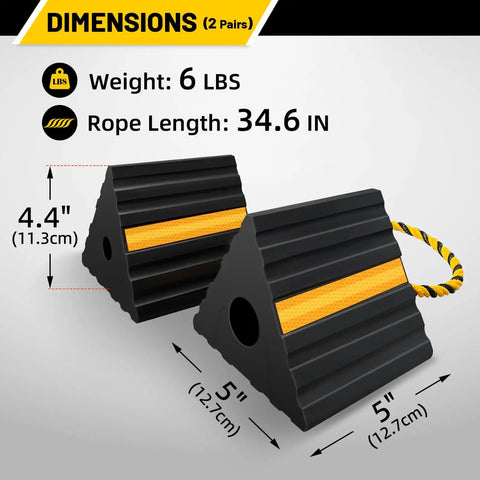 Versatile Rubber Wheel Chocks With Three Yellow Reflective Strips For RVs, Trailers, Heavy Duty Tire Stop Blocks