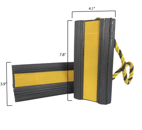 Heavy Duty Wheel Chocks With Ropes For Trucks And Trailers, Oil Resistant Rubber, Reflective Stripes, Anti Slip Grip, Safe Parking In Garages And Driveways, Ideal For RVs And Equipment, 7.8 Inches, 1 Pack shown with dimensions and rope details