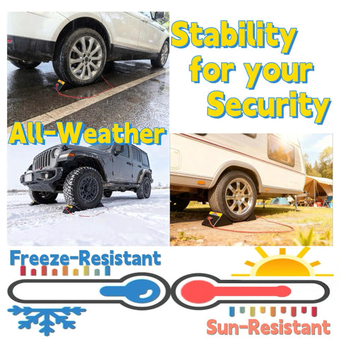 Heavy Duty Rubber Wheel Chocks With Reflective Strips Set Of 4 for SUV shown in wet and dry conditions, securing vehicles.