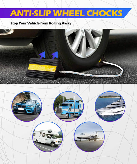Heavy Duty Rubber Wheel Chock for Cars, RVs, Campers, Trailers And Trucks with Non Slip Grip And 3 Reflective Strips in use