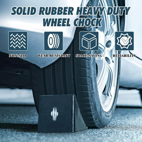 Rugged 2 Pack Solid Rubber Wheel Chocks for RVs, Campers, Trailers and Trucks, Heavy Duty Tire Blocks shown in use with car tire.