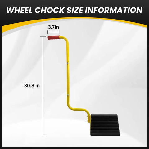 Heavy Duty Rubber Wheel Chocks With Handles 2 Pack Anti Slip Wheel Stopper For All Weather Use Ideal For Trucks RVs Travel Trailers Pop Up Campers Secure Parking And Protect Tires, shown with 30-inch handle.
