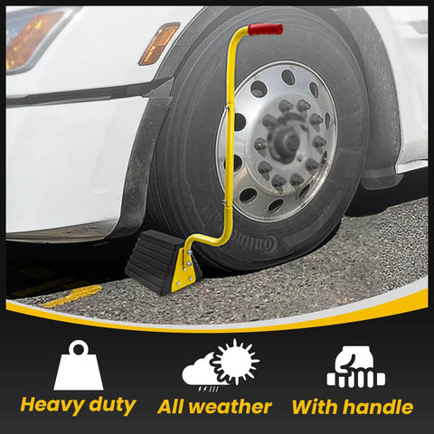 Heavy Duty Rubber Wheel Chocks With Handles 2 Pack Anti Slip Wheel Stopper For All Weather Use Ideal For Trucks RVs Travel Trailers Pop Up Campers Secure Parking And Protect Tires shown in use with truck tire.