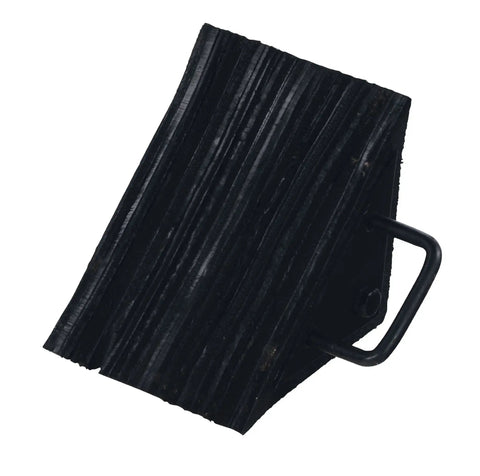 Durable Laminated Rubber Wheel Chock With Sturdy Metal Handle For Quick Safe Vehicle Blocking On Wet Slippery Or Uneven Surfaces Heavy Duty And Weather Resistant Black Vestil LWC 15, side view