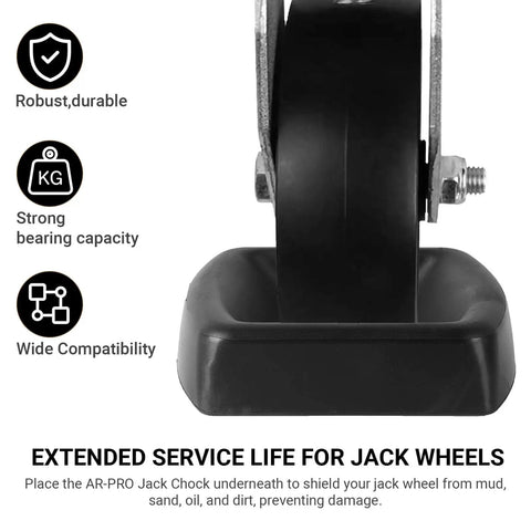Close-up of Built Tough Heavy Duty Rubber Jack Wheel Chock Stabilizer for Travel Trailers and RVs with wheel in chock