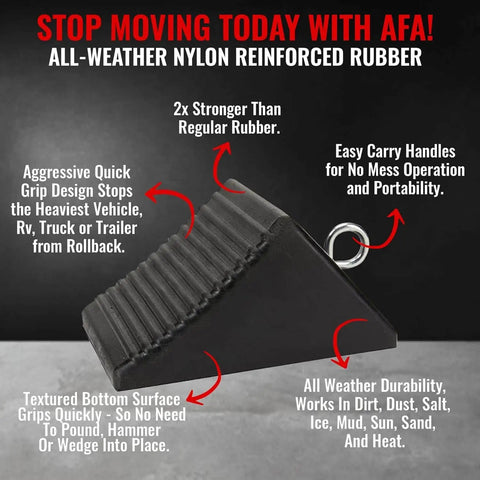 Heavy Duty Rubber Wheel Chocks With Eyebolt Handles, 4 Pack, shown from side angle with ribbed design and eyebolt handle.