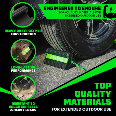 Heavy Duty Rubber Wheel Chocks for Trucks Trailers RVs and Aircraft with Non Slip Grip and Reflective Strips for Low Light Safety Rhino USA for All Weather Use shown in use on a vehicle tire