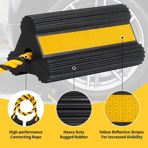 Heavy Duty Rubber Wheel Chocks Set With 52 Inch Nylon Rope Non Slip Tire Stop Blocks For RVs Campers Travel Trailers Motorhomes Aircraft Cars And Trucks 2 Pack High Visibility next to car wheel showing reflective yellow stripes.