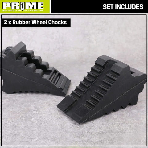 Built Tough Heavy Duty Rubber Wheel Chocks 2 Pack with carrying handle for RVs and trailers, black solid rubber tire blocks