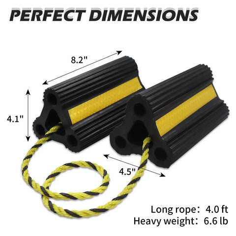 Heavy Duty Rubber Wheel Chocks For Travel Trailers Campers RVs And Cars With Nylon Rope And Yellow Reflective Tape shown