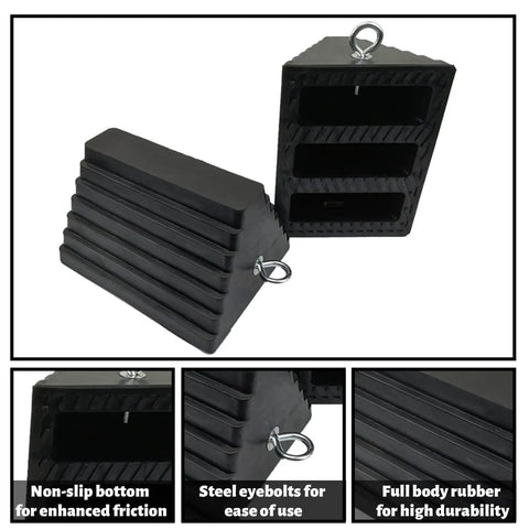 Heavy Duty Rubber Wheel Chocks With Eyebolt Black 9 Inch By 7.1 Inch By 5.5 Inch 2 Pack All Weather Anti Slip