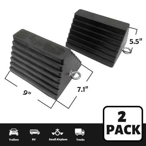 Heavy Duty Rubber Wheel Chocks With Eyebolt Black 9 Inch By 7.1 Inch By 5.5 Inch 2 Pack All Weather Anti Slip For Cars RVs Trucks Trailers And Vehicles Roblock shown with size dimensions.