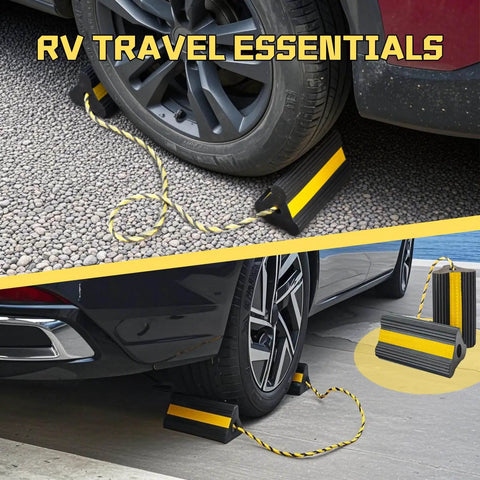 Wheel Chocks With Gloves, Heavy Duty Rubber, 8mm Teeth, Non Slip Base under RV and car on gravel and pavement