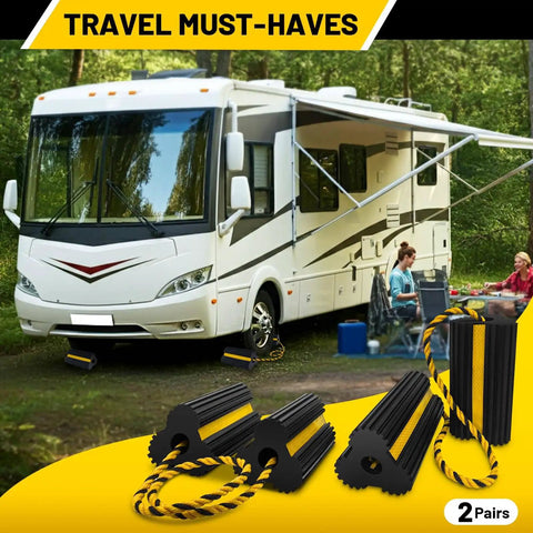 Heavy Duty Rubber Wheel Chocks With 30 Inch Nylon Rope And Reflective Yellow Tape For Secure Parking Road Trip Ready 4 Pack in use with RV