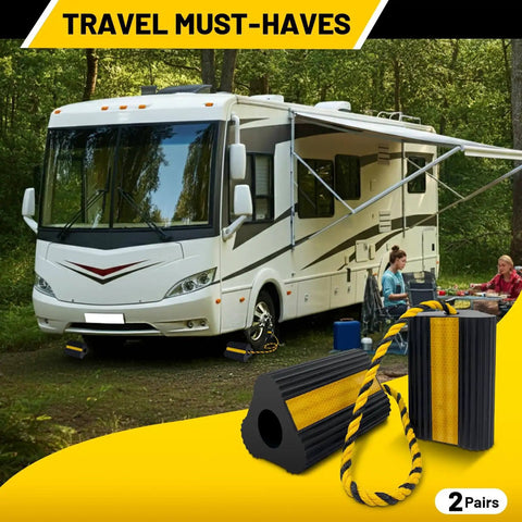 Heavy Duty Rubber Wheel Chocks Four Pack With Rope for RV trailer with three reflective strips, parked in campground