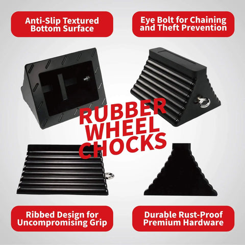 Beefy Heavy Duty Rubber Wheel Chocks With Eyebolt For Trucks Trailers Cars RVs And Heavy Equipment All Weather Tire Chalk Blocks 10 Inch Long By 8 Inch Wide 2 Pack Black showing textured surface and eyebolt