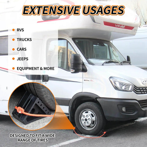 RV with Premium Rubber Wheel Chocks With Carry Handles For RVs And Trailers in use, solid tire chocks for secure parking.