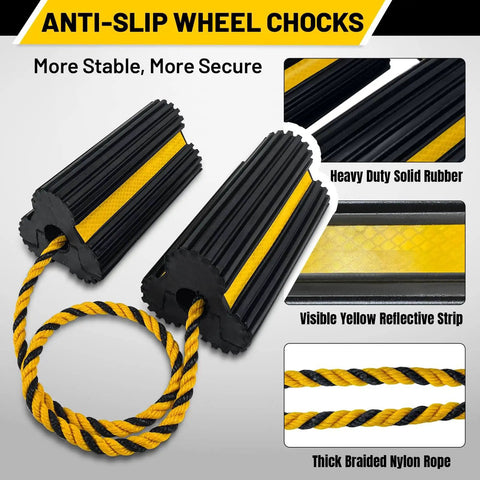 Heavy Duty Rubber Wheel Chocks With 30 Inch Nylon Rope And Reflective Yellow Tape For Secure Parking, shown with non-slip base