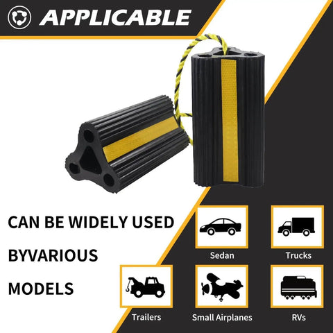 Heavy Duty Rubber Wheel Chocks For RVs, Trailers, Campers, Trucks And Aircraft With Three Reflective Strips And Included Rope