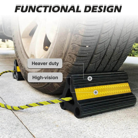Heavy Duty Rubber Wheel Chocks For Travel Trailers Campers RVs And Cars With Nylon Rope And Yellow Reflective Tape Size Four Point Two Inches By Four Point Seven Inches By Eight Point Two Inches Nine Lbs Total Weight Two Pairs Four Pack Sturdy Tire installed behind wheel