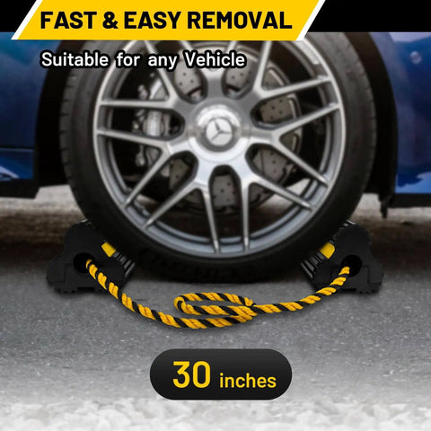 Heavy Duty Rubber Wheel Chocks With 30 Inch Nylon Rope And Reflective Yellow Tape For Secure Parking Road Trip Ready 4 Pack Non Slip Base Weather And Oil Resistant Ideal For Travel Trailers Cars Campers And Trucks Roblock beneath car tire