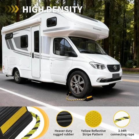 Beefy Heavy Duty Rubber Wheel Chocks for Campers RVs Trailers Trucks and Small Aircraft Universal Fit 4 Pack 2 Pairs with 3 Reflective Strips Solid Wheel Immobilizers for Safe Stable Parking shown securing RV wheels.